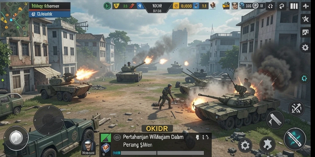Tampilan gameplay OKIDR menunjukkan menara yang kuat dan musuh yang menantang.