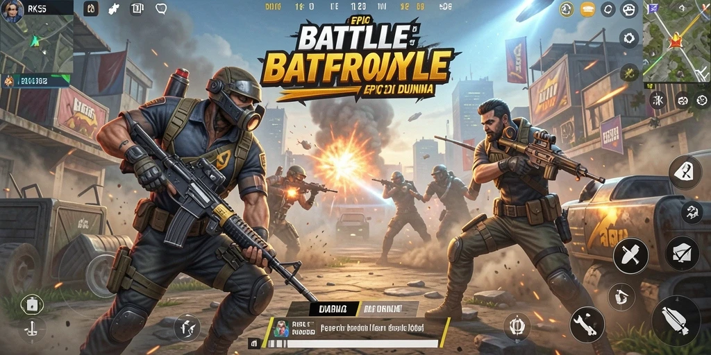 Screenshot menunjukkan pertempuran seru dalam RK55 dengan banyak aksi.