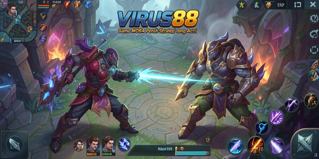Tampilan gameplay seru dalam VIRUS88 yang menampilkan aksi MOBA yang mendebarkan.